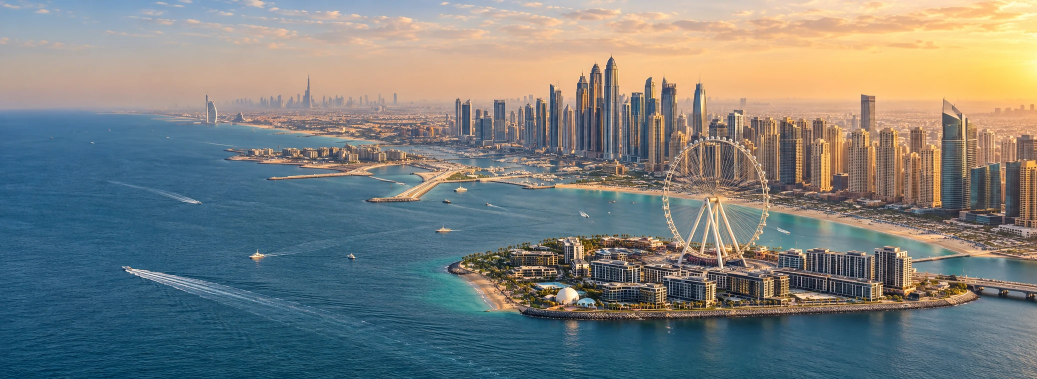 Панорама Dubai Marina и острова Bluewaters на закате